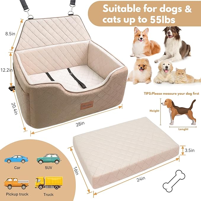 Dog Car Seat for Large-Medium Dogs: Pet Car Seat, Detachable Washable Dog Booster Seat, Pet Travel Bed with Storage Pockets and Dogs Safety Belt (Coffee, Large)