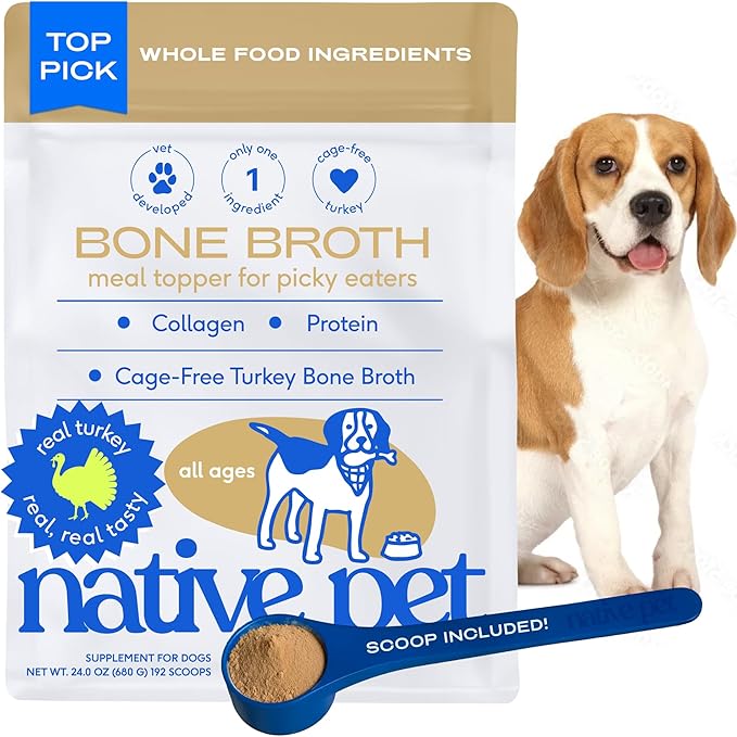 Native Pet Bone Broth for Dogs and Cats - Turkey Bone Broth Powder Dog Food Toppers for Picky Eaters - Provides Extra Nutrition for Joint Strength, Immune Support & Heart Health - 192 Scoops