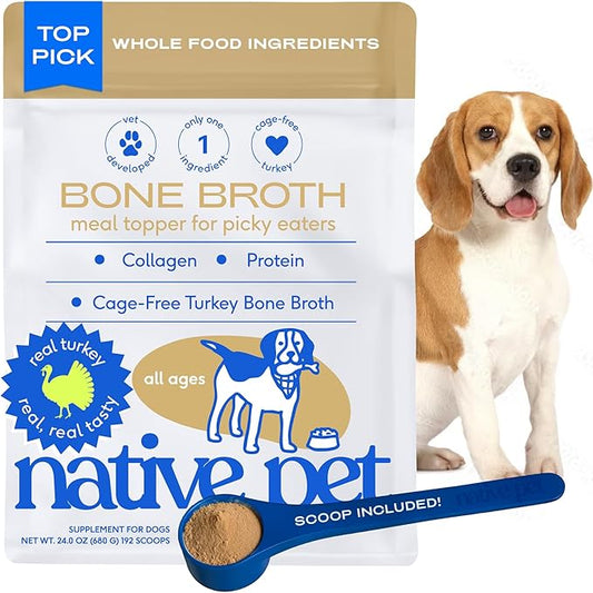 Native Pet Bone Broth for Dogs and Cats - Turkey Bone Broth Powder Dog Food Toppers for Picky Eaters - Provides Extra Nutrition for Joint Strength, Immune Support & Heart Health - 192 Scoops
