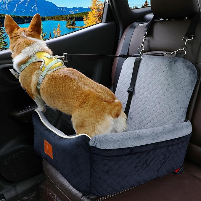 Dog Car Seat Bed 2 in 1 for Small/Medium Dogs up to 35 lbs,Adjustable Safety Leashes,Memory Foam with Soft Fabric Pets Travel Car Bed,Easily Installed in Front and Back seat,Removable and Washable.