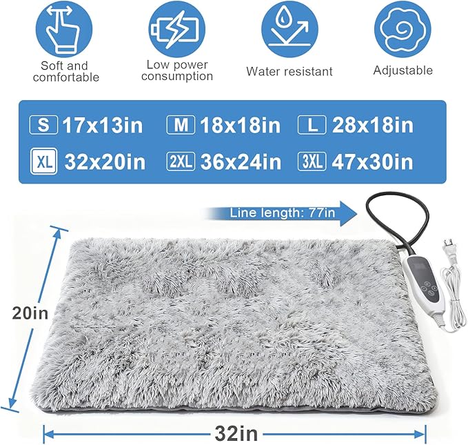 Dog Heating Pad, 32×20 in with Smart Thermostat Switch and Power Line Protection Tube,Obtained MET and UL Dual Certification,Waterproof Pet Heating Pad with Long Velvet Cloth Cover