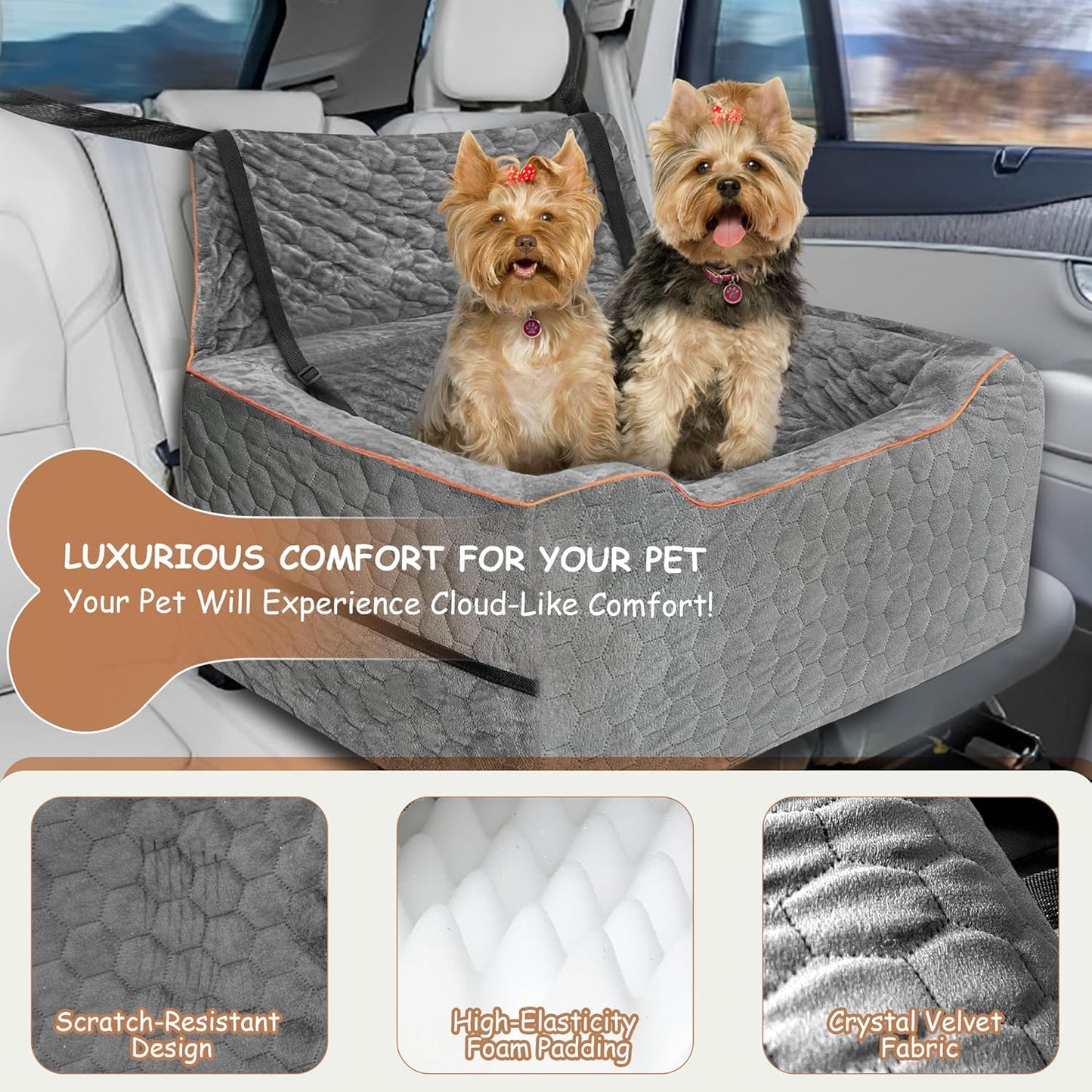 Dog Booster Seat for Larger & Medium Dogs – Comfortable Dog Car Bed with Washable Cover and Storage Pockets for Pets Up to 60lbs (Gray)