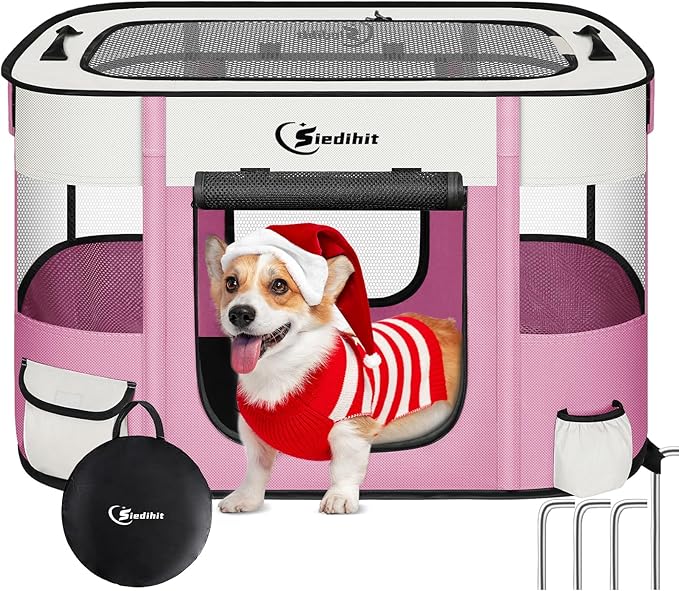 Dog Cat Playpen, Pet Puppy Portable Playpens for Dogs Indoor Outdoor Travel Crate,Foldable Dog Kennel Tent for Rabbit or Small Animals and Tent Stakes (Pink, Large)