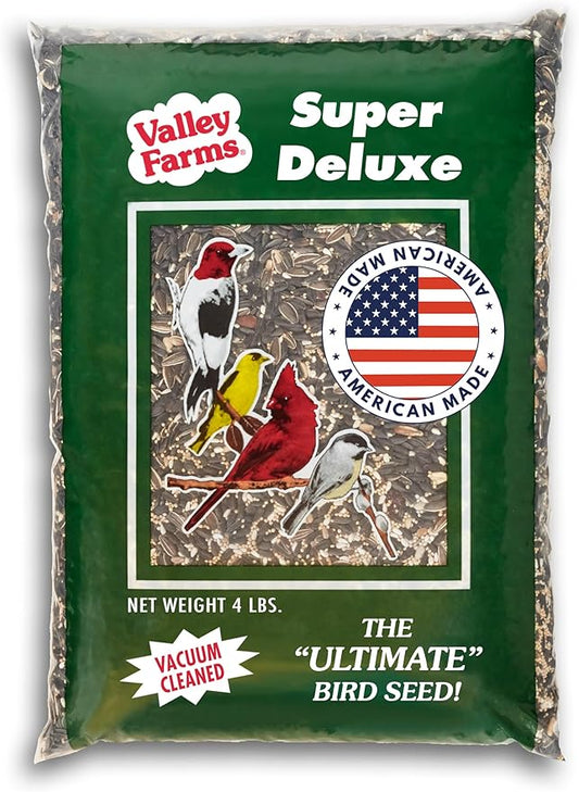 Valley Farms Super Deluxe Wild Bird Food for Outside feeders - 0% fillers - Loads of Sunflower Seed - w/Peanut kernels -Feed More Birds w/Less Seed (4 LBS)