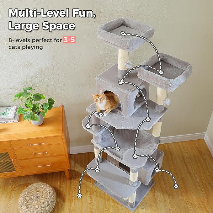 PAWZ Road Large 72 Inch Cat Tree and Tower for Indoor Cats - With Sisal-Covered Scratching Posts, Padded Perches, Condos, and Basket - Gray