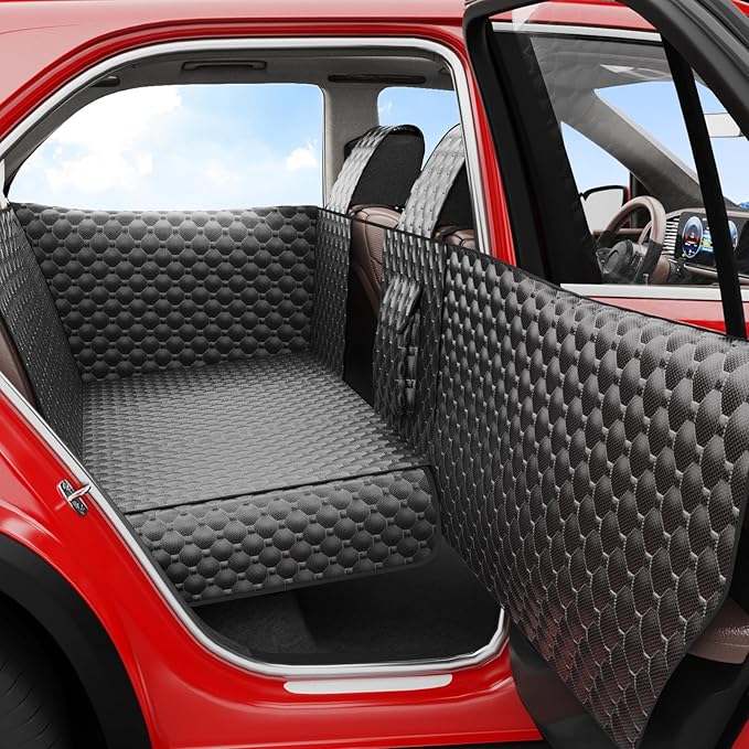 Dog Car Seat Cover for Back Seat, Waterproof Back Seat Extender for Dogs with Door & Headrest Protector, Hard Bottom Hammock Holds 420lbs, Non-Slip Pet Travel Bed for Cars SUVs Small Trucks