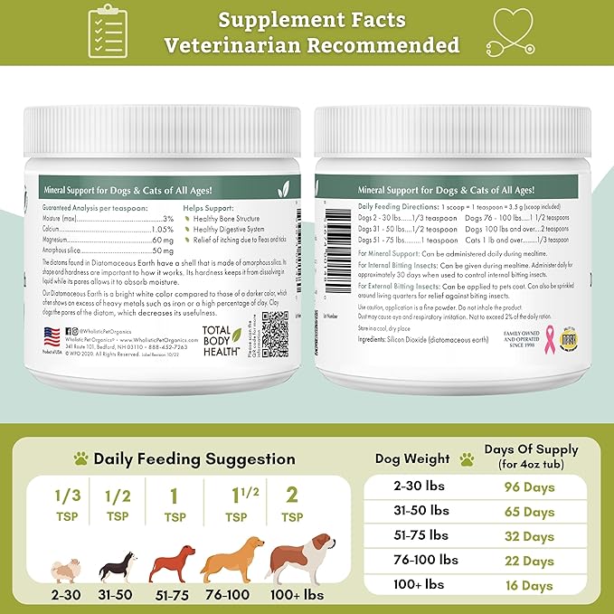 Wholistic Pet Organics Diatomaceous Earth - Food Grade for Dogs & Cats - 4 Oz - Multi Use Powder - Pet Safe Non-Chemical Freshwater Sourced Silica Supports Overall Health - Freshly Made in USA