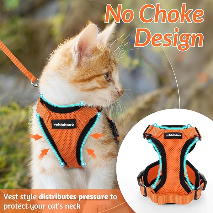 rabbitgoo Cat Harness and Leash for Walking, Escape Proof Soft Adjustable Vest Harnesses for Cats, Easy Control Breathable Reflective Strips Jacket, Orange, M