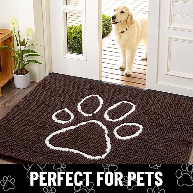 Smiry Dog Door Mat for Muddy Paws, Absorbent Dirt Trapper Non Slip Quick Dry Washable Chenille Mat for Mud Dogs, Entry Rug for Indoor and Outdoor (47x32 Inches, Brown and White)