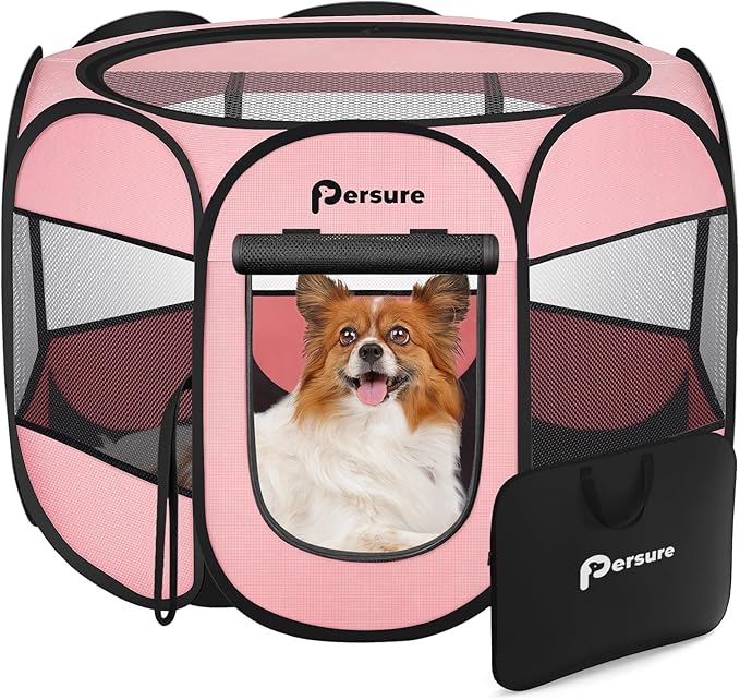Dog Cat Playpen Indoor Outdoor for Puppy Pet Cat Recovery After Surgery, Dog Tent Crates Cage Indoor/Outdoor, Portable Pop Up Dog Kennel with Carrying Case for Travel (Premium Pink, Large)