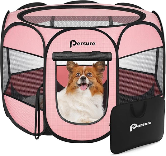 Dog Cat Playpen Indoor Outdoor for Puppy Pet Cat Recovery After Surgery, Dog Tent Crates Cage Indoor/Outdoor, Portable Pop Up Dog Kennel with Carrying Case for Travel (Premium Pink, Large)