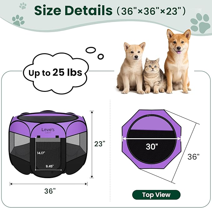 Love's cabin Pet Puppy Dog Playpen, Medium Dog Tent Crates Cage Indoor/Outdoor, Portable Playpen for Cat, Foldable Pop Up Dog Kennel Playpen with Carring Case, Removable Zipper Top, Purple