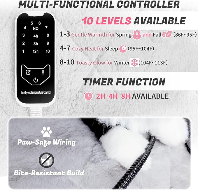 NWK Heated Cat Bed, Versatile Electric Heated Cat Bed with Temperature Adjustable & Auto Shut Off Timer, Chew-Resistant Cord