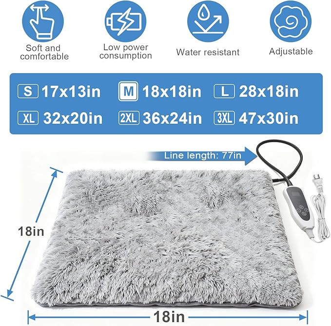 Cat Heating Pad 18x18 in with Smart Thermostat Switch and Power Line Protection Tube,Obtained MET and UL Dual Certification,Waterproof Pet Heating Pad for Cats, with Long Velvet Cloth Cover