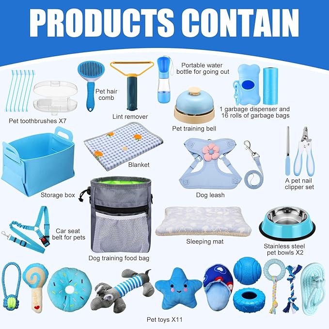 Abbylike 50 Pcs Puppy Supplies Starter Kit for Small Dogs Puppy Essentials Includes Leash, Bowls, Teeth Brushes, Water Bottle, and More Accessories for Dogs Christmas Welcome Gift(Blue)