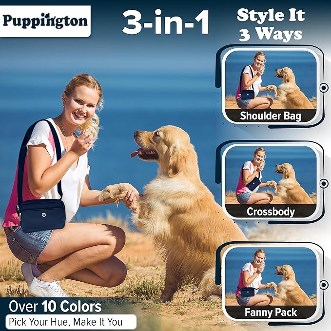 Puppington 3-in-1 Crossbody Dog Walking Bag & Treat Pouch with Matching Planet Safe Poop Bags & Built-In Dispenser - Zippered Pockets (Navy Blue)
