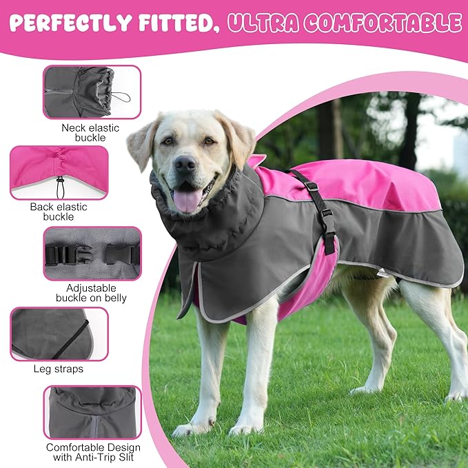 Dog Raincoat, Waterproof Dog Coat with Reflective Straps, Leash Hole & Polar Fleece Lining, Winter Snow Rain Coat for Small, Medium & Large Dogs, Warm, Windproof Vest Jackets