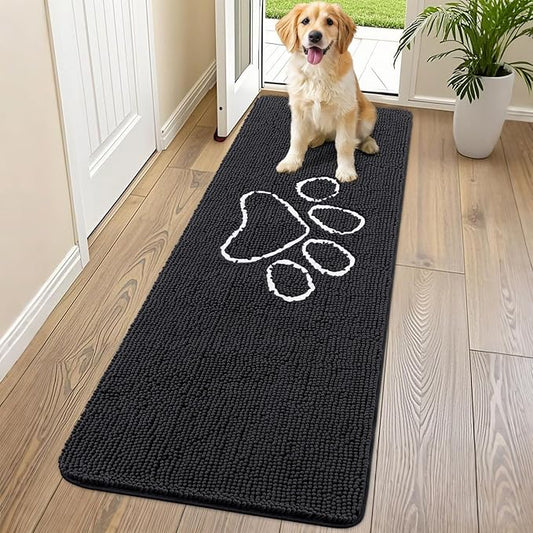 Smiry Dog Door Mat for Muddy Paws, Absorbent Dirt Trapper Non Slip Quick Dry Washable Chenille Mat for Mud Dogs, Entry Rug for Indoor and Outdoor (70x24 Inches, Black)
