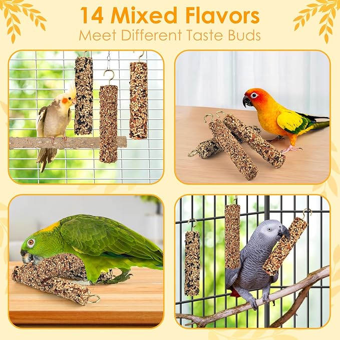 KATUMO 3PCS Bird Treats Parrot Crunch Sticks Parakeet Grains Mixed Treats Cockatiel Snacks Budgie Food Sticks for Lovebird Conure Myna Canary Parrots