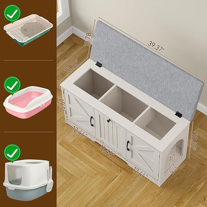 Vabches Cat Box Litter Enclosure with Cushion, Flip Top Cat Litter Box Furniture with Storage, Farmhouse Indoor Cat House with 3 Doors, Pet Washroom Hidden Litter Box, White