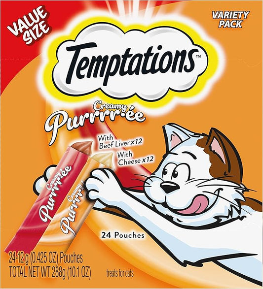 Temptations Creamy Puree Squeezable Lickable Wet Cat Treat Variety Pack, 0.42 oz. Tubes, 24 Count