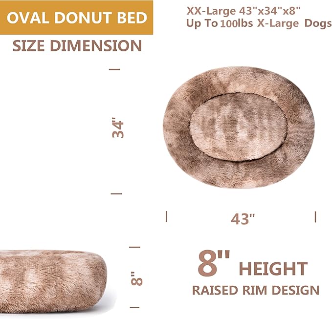 Coohom Oval Calming Donut Cuddler Dog Bed,Shag Faux Fur Cat Bed Washable Round Pillow Pet Bed(30"/36") for Small Medium Dogs (XXL(43"x34"x8"), Beige2021)