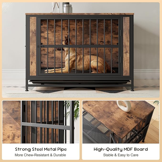 Rustic Large Dog Cage Furniture, Brown Wooden Dog Crate Kennel Furniture, Decorative Dog House Indoor End Table for Small Medium Large Dog