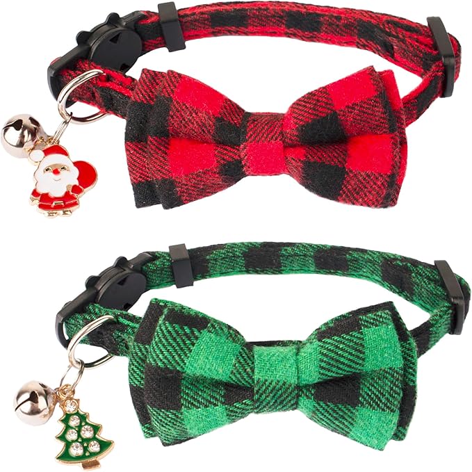 ADOGGYGO Christmas Cat Collars Breakaway with Cute Bow Bell - 2 Pack Red Green Plaid Kitten Collar with Removable Bowtie Christmas Collar for Cats Kittens