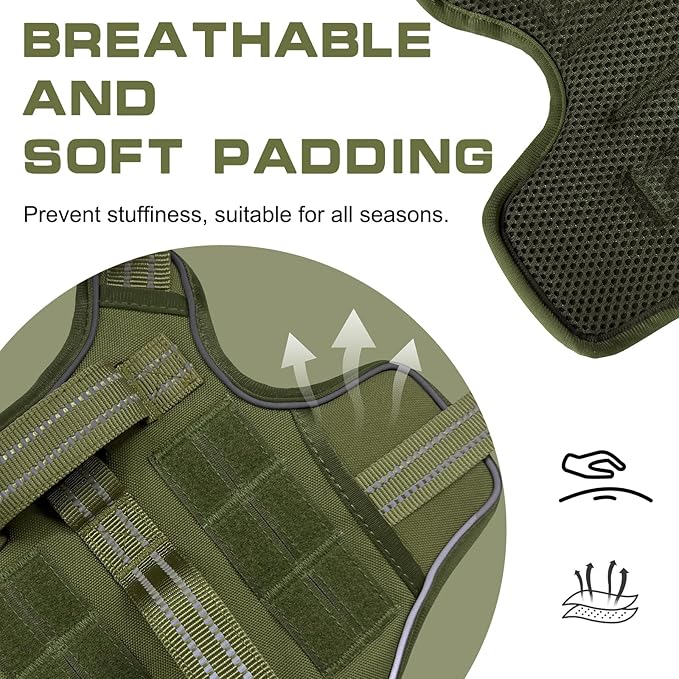 Dog Harness for Large Dogs Heavy Duty, No Pull Tactical Dog Harness with Molle System, Easy On and Off Service Dog Vest, Breathable Padded, Adjustable Reflective Pet Vest for Walking Hiking Training