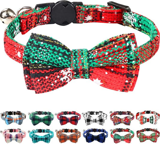 Joytale Upgraded Christmas Cat Collar with Bells, Breakaway Cat Collars with Bow Tie, 1 Pack Girl Boy Safety Plaid Kitten Collars, Christmas Green