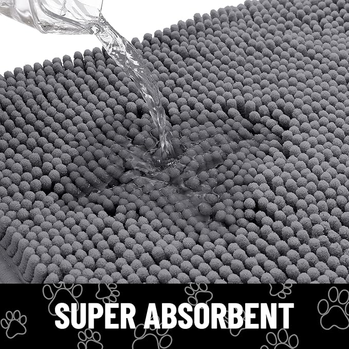 Smiry Dog Door Mat for Muddy Paws, Absorbent Dirt Trapper Non Slip Quick Dry Washable Chenille Mat for Mud Dogs, Entry Rug for Indoor and Outdoor (48x30 Inches, Dark Grey and Black)