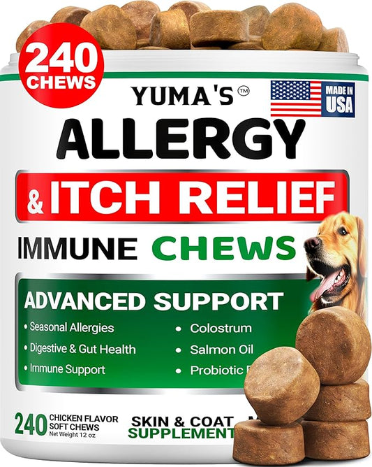 Dog Allergy Relief Chews - 240 Immune Treats - Dog Itching Skin Relief Treatment Pills - Anti-Itch - Itchy and Paw Licking - Omega 3 Fish Oil for Dogs Allergies - Dry Skin & Coat Supplement Vitamins