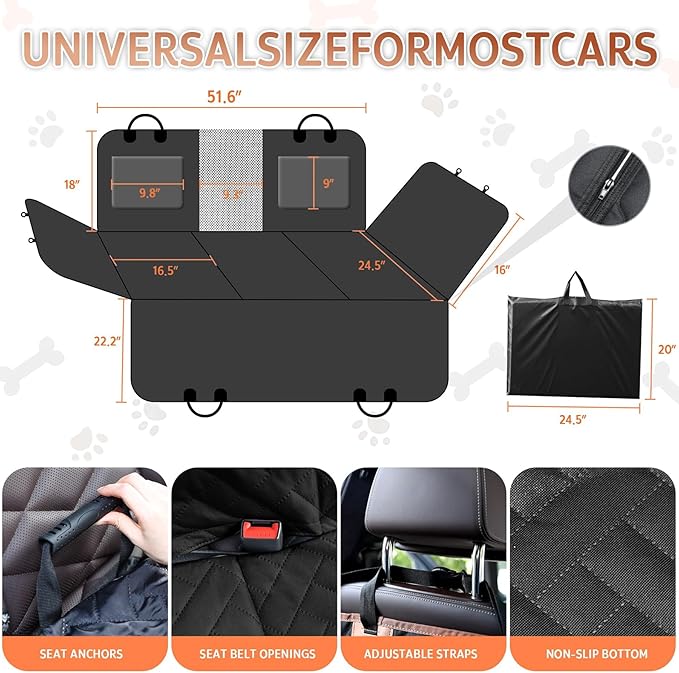 Dog Car Seat Cover for Back Seat,100% Waterproof & Scratchproof Back Seat Pet Cover for Dogs,5MM PP Board Hard Bottom Dog Bed for Car,Supports 400lbs Back Seat Extender for Dogs for Car/SUV