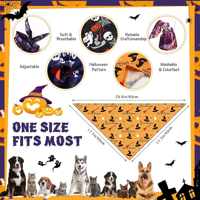 Abbylike 50 Pcs Dog Bandanas Bulk Pet Scarfs Triangle Bibs Adjustable Washable Puppy Kerchief Seasonal Pet Costume Accessories Grooming Supplies for Small Medium Large Dogs Cats (Halloween)