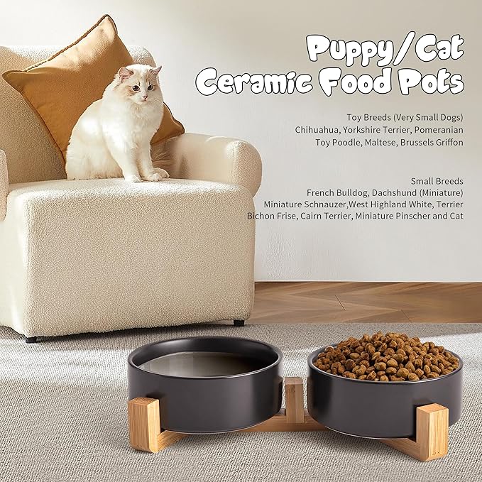 Black Ceramic Dog & Cat Bowl Set – 13.5 OZ with Wooden Stand, Non-Slip, Elevated Design for Small Dogs & Cats – 2 Bowls (Food & Water, Ceramic Pet Bowls, Modern Dog Bowls)