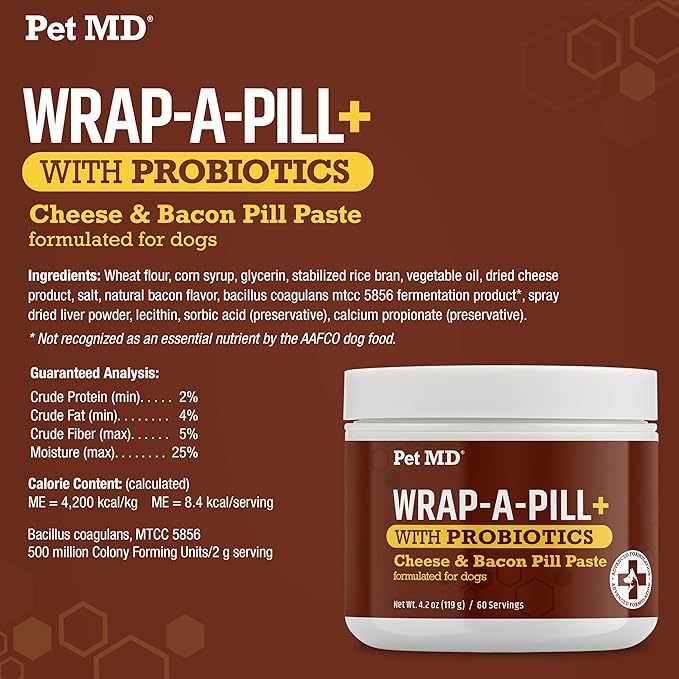 Pet MD Wrap-A-Pill with Dog Probiotics - Pill Wrap for Dogs Medicine - Easy-to-Use Paste to Hide Capsules, Create Pockets and Treats for Dogs - Cheese & Bacon (4.2oz)