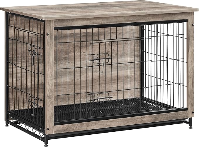 Feandrea Dog Crate Furniture, 38.6" Side End Table, Modern Kennel for Dogs Indoor up to 70 lb, Heavy-Duty Dog Cage with Multi-Purpose Removable Tray, Double-Door Dog House, Greige UPFC003G01