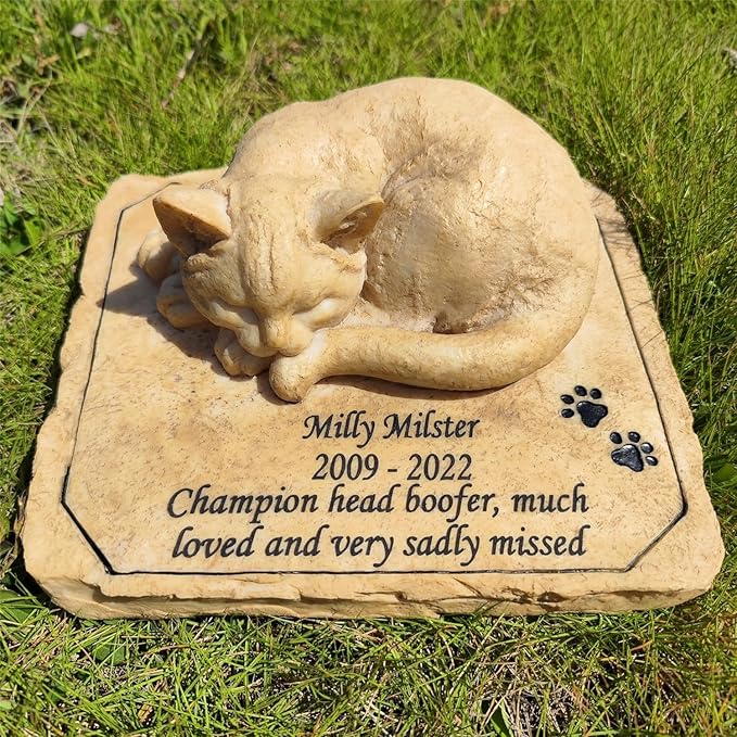 Custom Pet Grave Markers Garden Stones, Personalized Cat Memorial Statue with Sleeping Cat, Customizable Headstone Outdoor Memorial Gifts