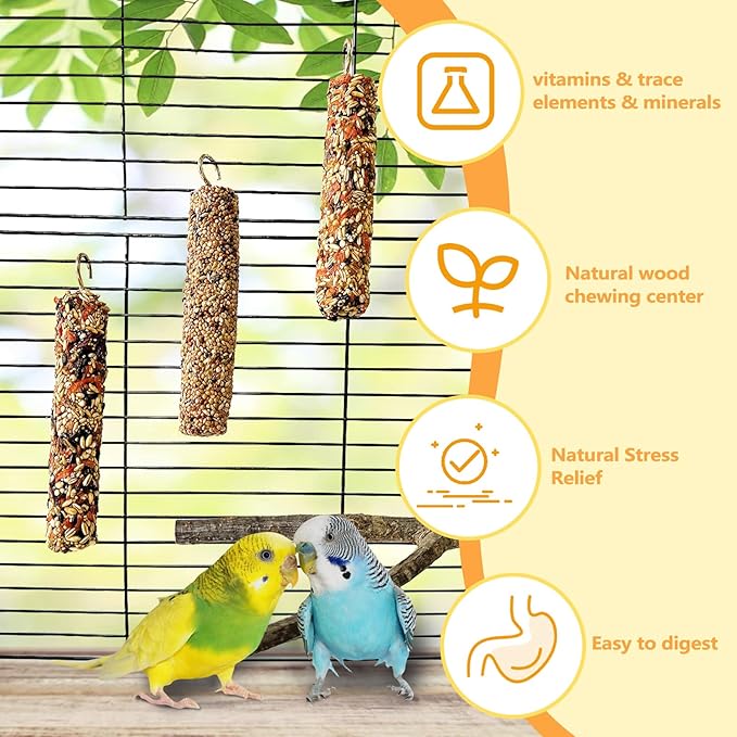 3PCS Parakeet Treat,Natural Parrots Treat Sticks,Vegetable & Grain Style Sticks,Bird Treats for Cockatiel Lovebirds Budgies Canary Finches Myna Conure