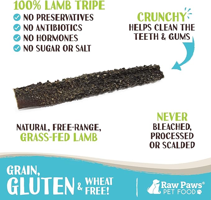 Raw Paws Green Lamb Tripe Sticks for Dogs (25-Count) - Single Ingredient, Grass-Fed & Free Range - Crunchy Lamb Dog Treats - All Natural Dog Chews