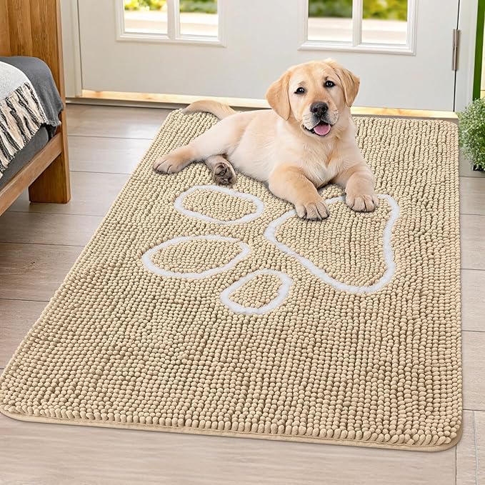 Smiry Dog Door Mat for Muddy Paws, Absorbent Dirt Trapper Non Slip Quick Dry Washable Chenille Mat for Mud Dogs, Entry Rug for Indoor and Outdoor (40x32 Inches, Beige)