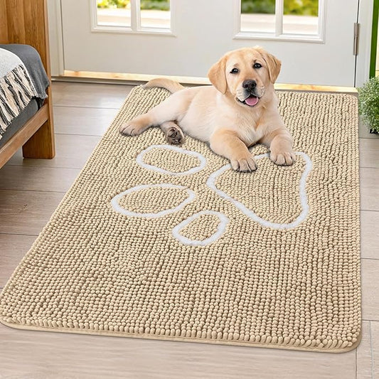 Smiry Dog Door Mat for Muddy Paws, Absorbent Dirt Trapper Non Slip Quick Dry Washable Chenille Mat for Mud Dogs, Entry Rug for Indoor and Outdoor (40x32 Inches, Beige)