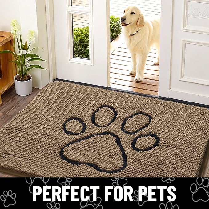 Smiry Dog Door Mat for Muddy Paws, Absorbent Dirt Trapper Non Slip Quick Dry Washable Chenille Mat for Mud Dogs, Entry Rug for Indoor and Outdoor (48x30 Inches, Camel)