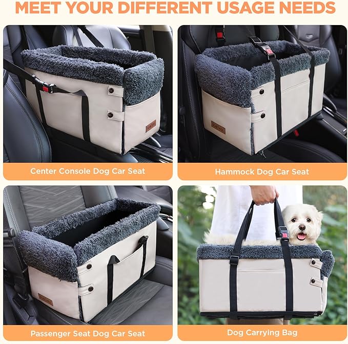 Center Console Dog Car Seat for Small Dogs,PU Leather Small Dog Car Booster Seat,Washable Foldable Puppy Car Seat with Safe Protection Hooks Adjustable Straps and Storage Pocket Pet Up to 15lbs