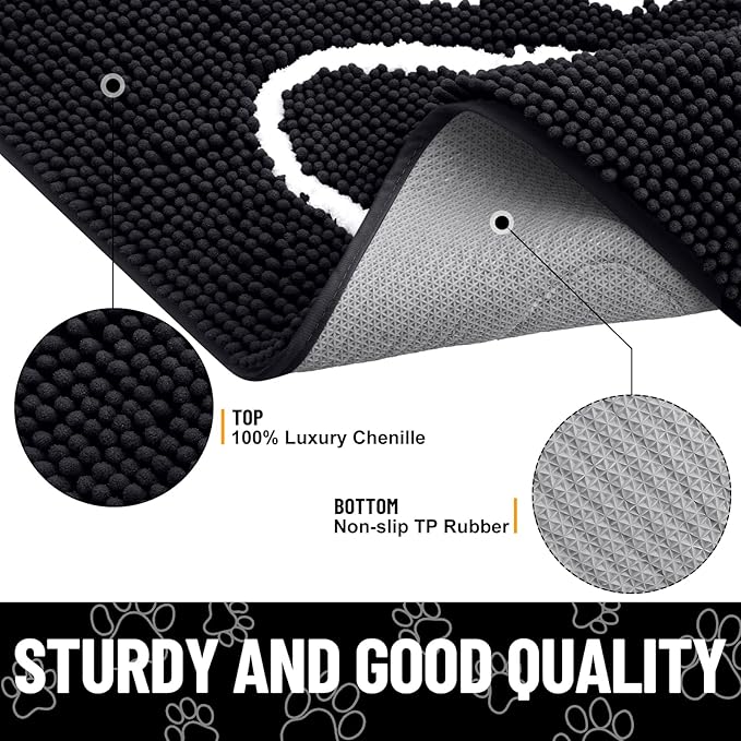 Smiry Dog Door Mat for Muddy Paws, Absorbent Dirt Trapper Non Slip Quick Dry Washable Chenille Mat for Mud Dogs, Entry Rug for Indoor and Outdoor (47x32 Inches, Black)