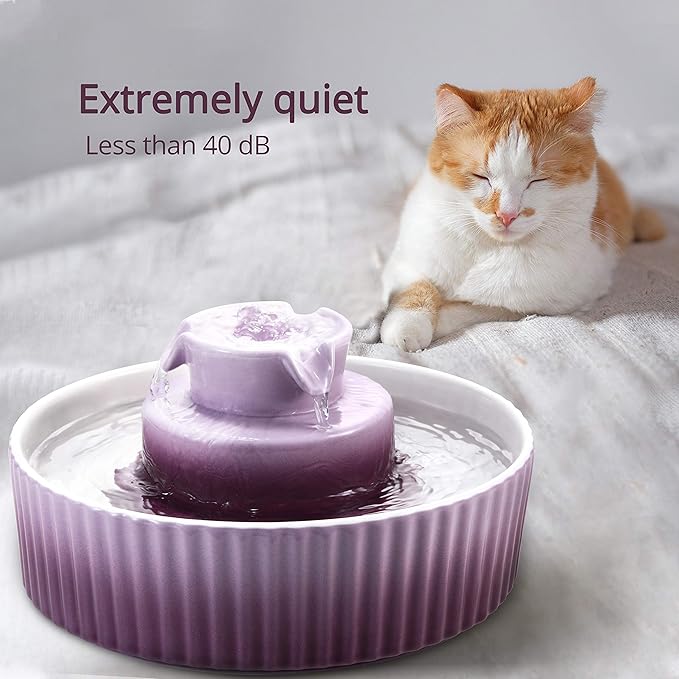 Ceramic Cat Water Fountain, 2.1L/71oz Cupcake Cat Fountain for Dog and Cat Indoor, 2 Ultra Quiet Pumps(Purple)