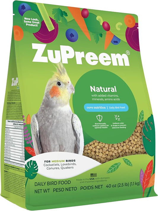 ZuPreem Natural Bird Pellets, Daily Bird Food for Cockatiel, Lovebird, Quaker, Small Conure, Lorikeet, Core Nutrition for Medium Birds, Added Vitamins, Cockatiel Pellets (M, 2.5 lbs)