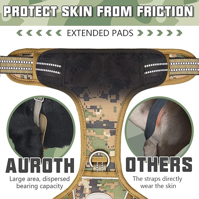 AUROTH Tactical Dog Harness for Large Dogs No Pull Adjustable Reflective K9 Working Training Easy Control Pet Vest Military Service Harnesses Woodland Camo L