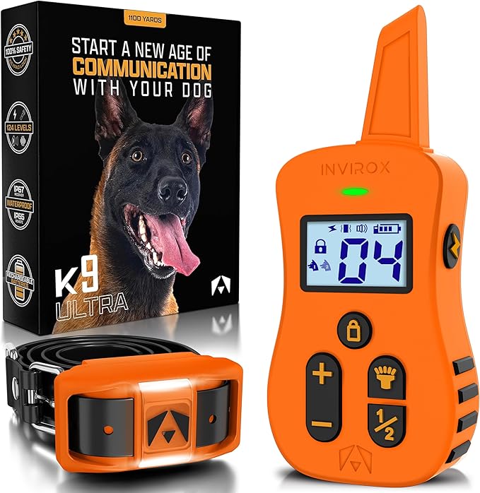 INVIROX Dog Shock Collar [Ultra K9] 124 Training Levels, 4 Powerful Modes with Night-Light and ¾ Mile Range 100% Safe Dog Training Collar for Large Dogs IP67 Waterproof