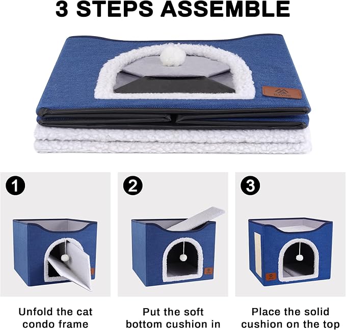 Cat Beds for Indoor Cats, Cat House Cat Cave Beds with Scratch Pad, Foldable Cat Condo Hut with Hanging Ball, Covered Cat Tent for Hideaway, Cute Cat Tunnel Bed for Small Pet Kitten Kitty(Blue)